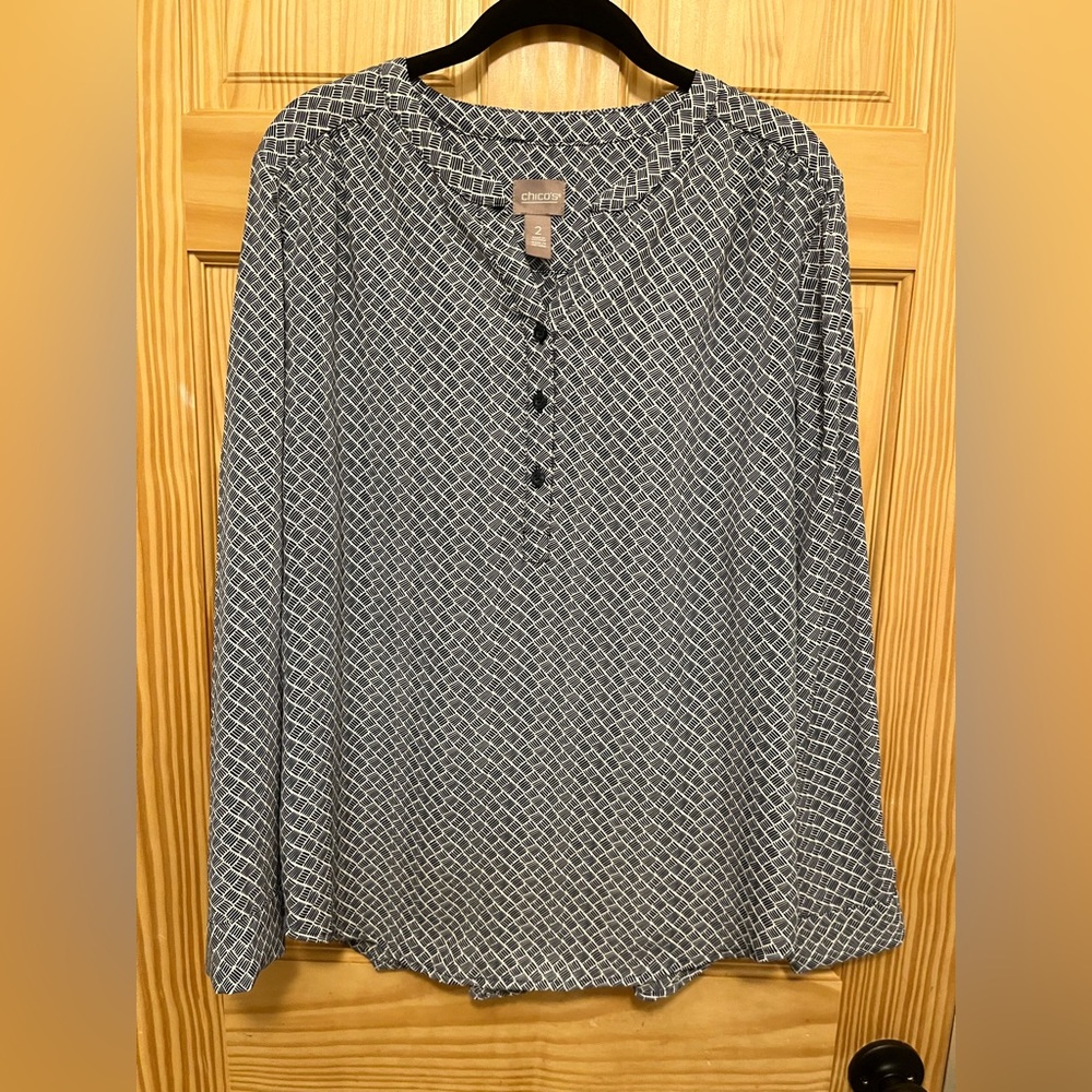 Chico's Tunic Blouse, Size 2 (US Size L (12)), Black & White Basketweave Print
